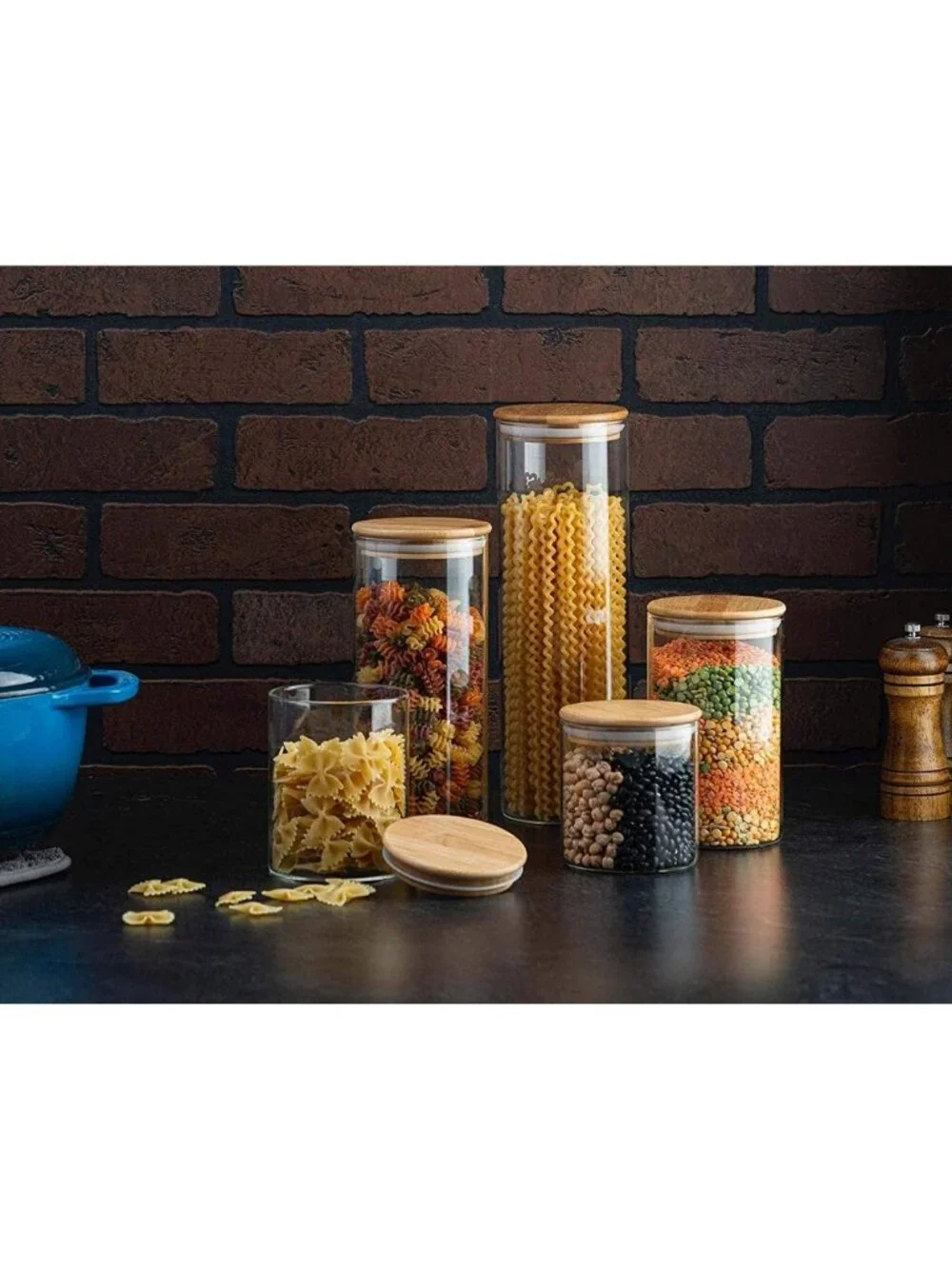 5-Piece Glass Canister Set with Airtight Bamboo Lids - Perfect for Pantry